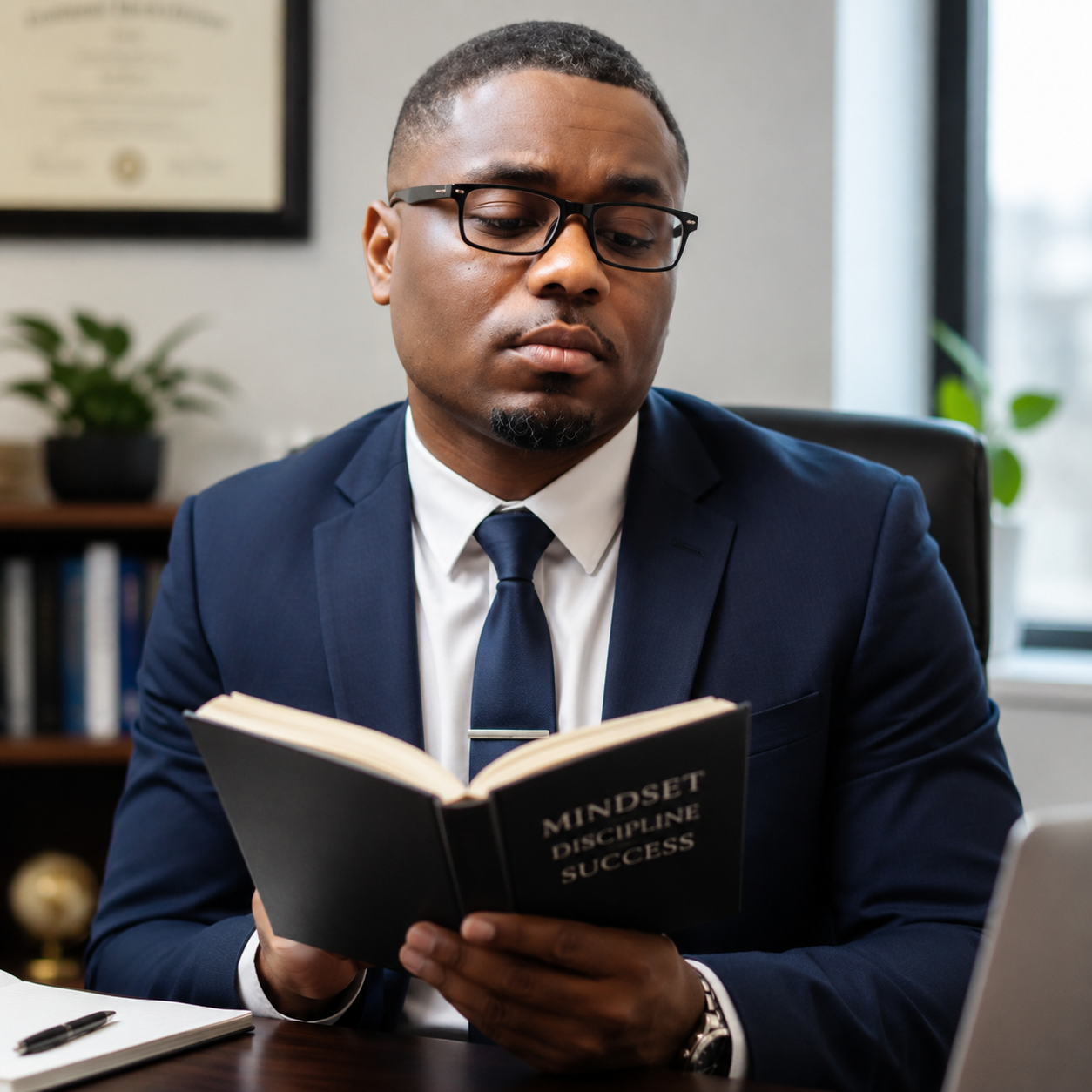 Jermaine Robinson reading in a professional office